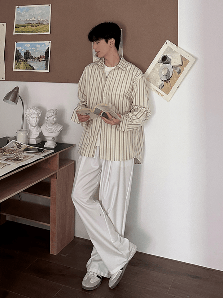 [ONELYC1NS] Korean stripes loose casual shirt na1006