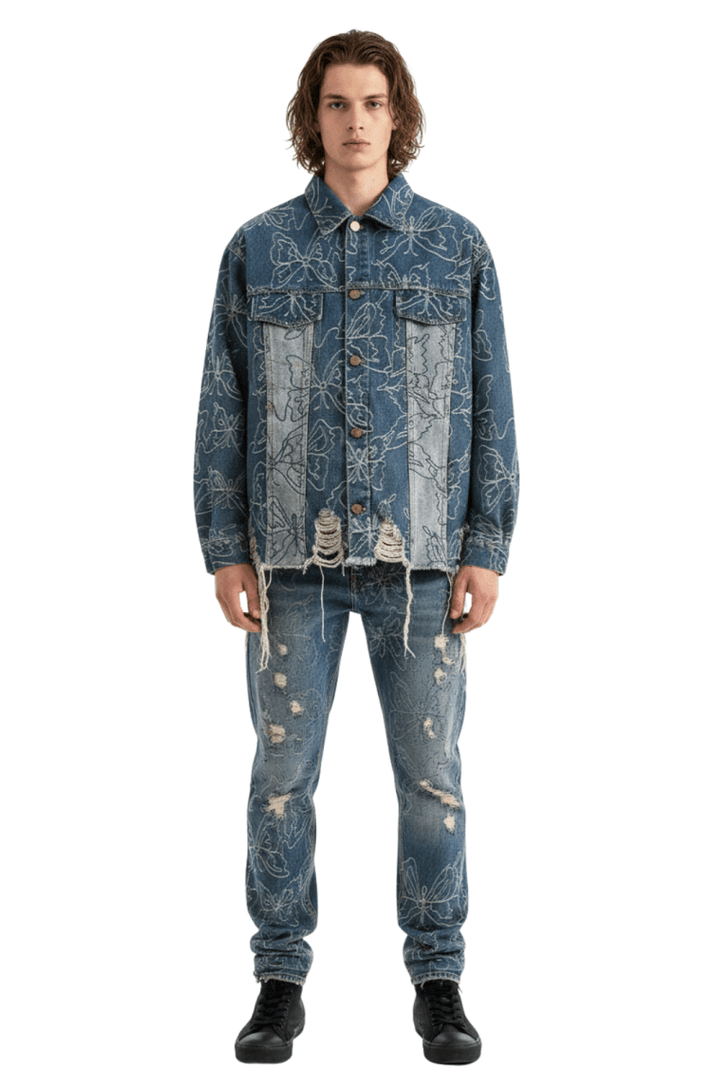 Vintage Floral Embroidered Distressed Denim Jacket  na2397