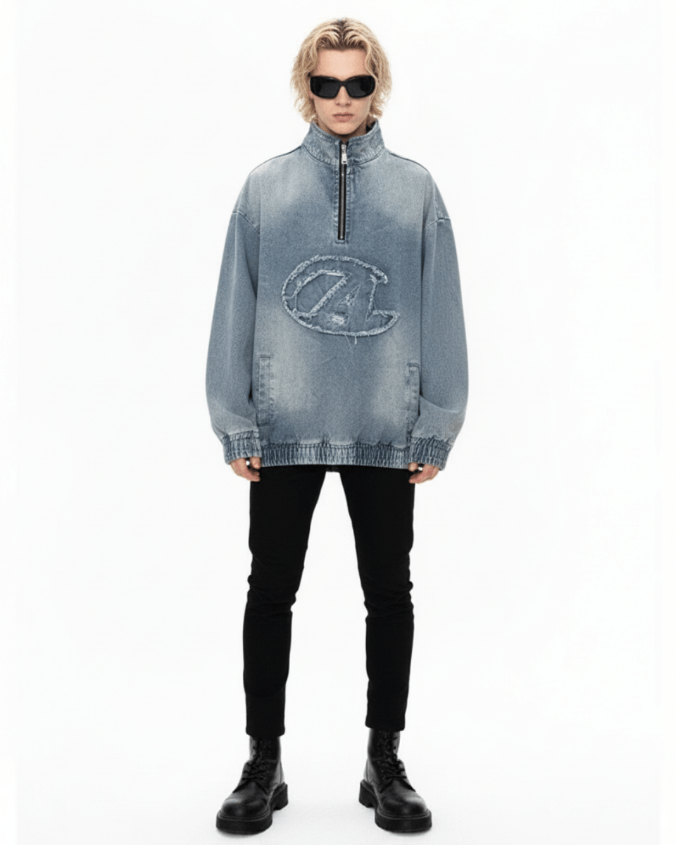 Nanostudio Frayed Edge Denim Half-Zip Pullover (na2210)