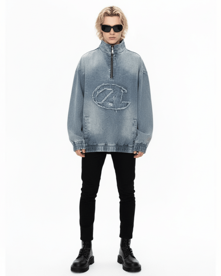 Nanostudio Frayed Edge Denim Half-Zip Pullover (na2210)