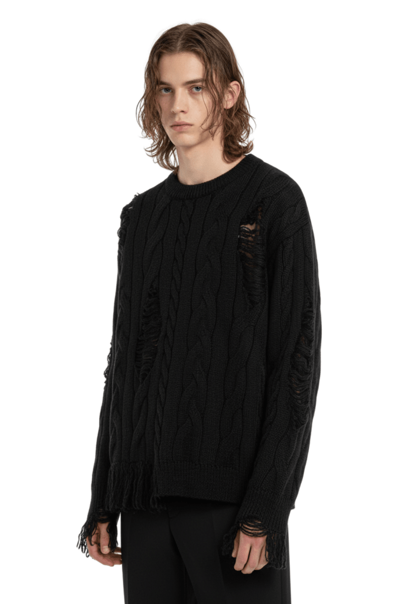 Frayed Hem Cable Knit Sweater na2418