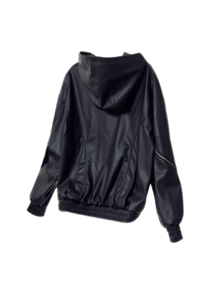 [PEOPLESTYLE] PU Leather Black Hooded na1653