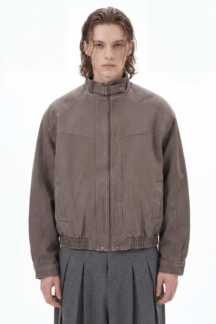 Structured Stand Collar Leather Jacket na2368