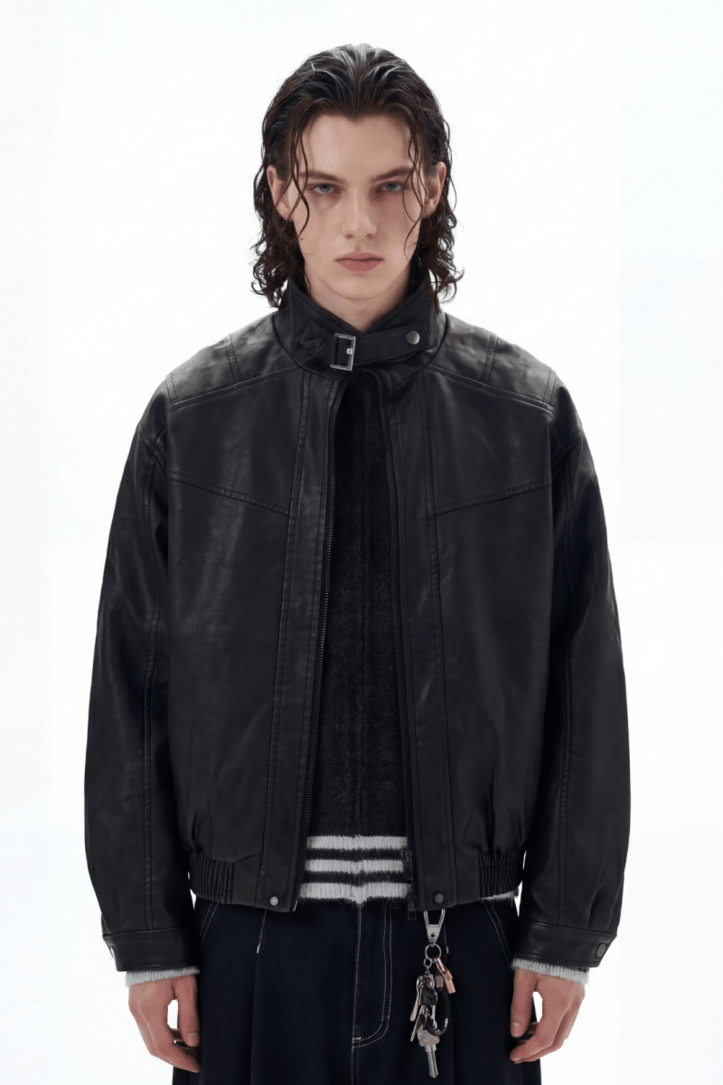 Structured Stand Collar Leather Jacket na2368