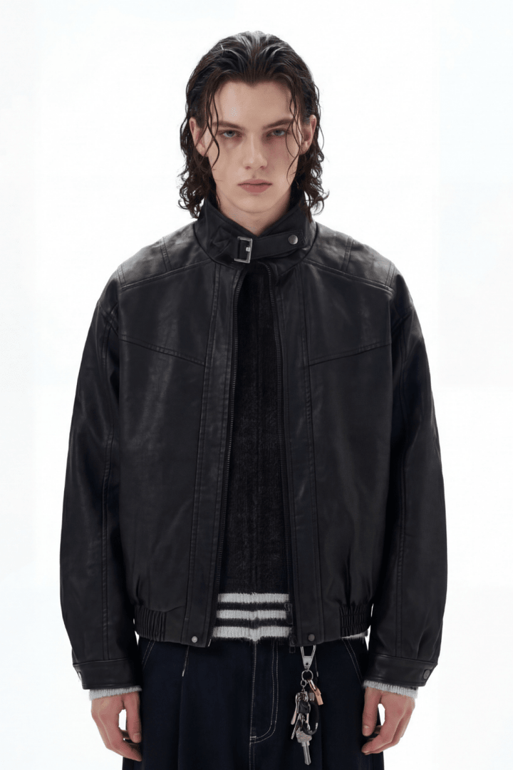 Structured Stand Collar Leather Jacket na2368