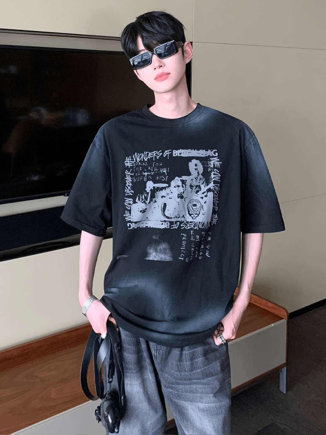 [CUIBUJU] Washed Band Printed T-Shirt na1199