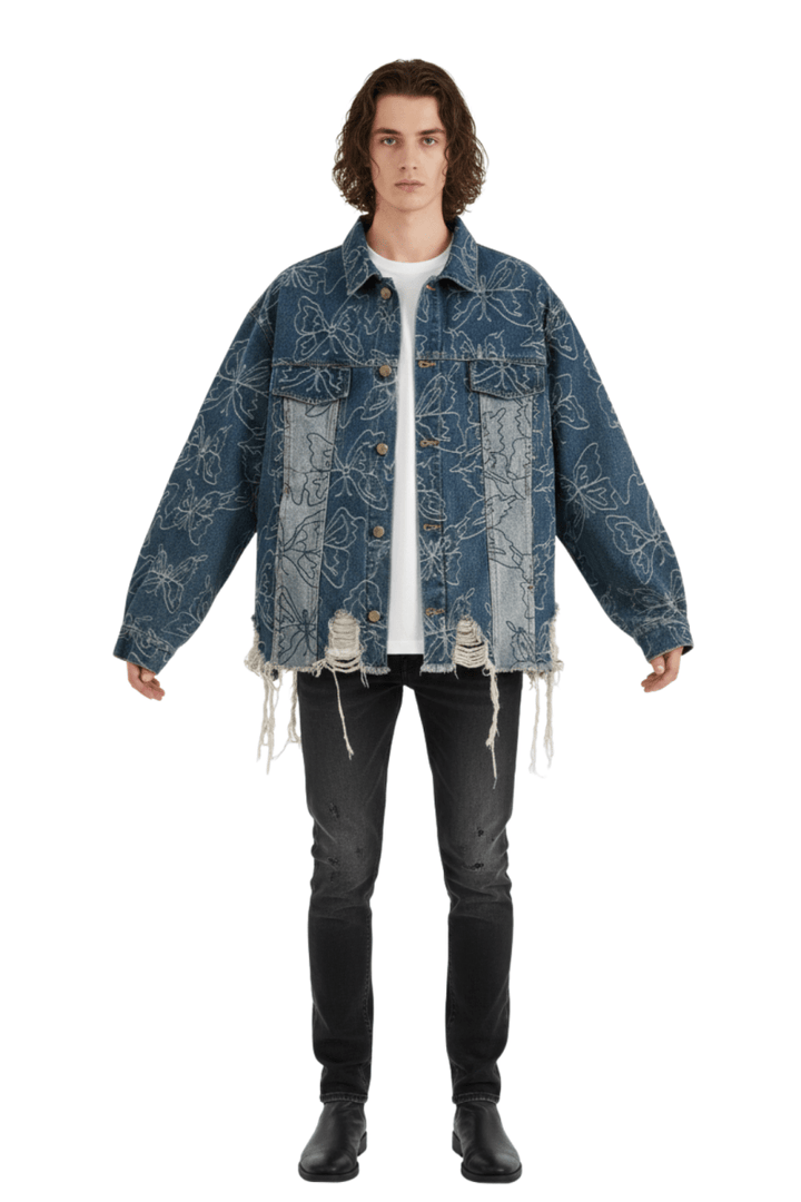 Vintage Floral Embroidered Distressed Denim Jacket  na2397