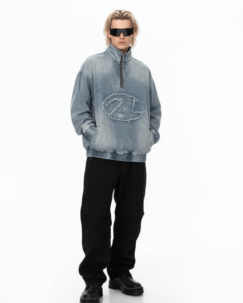 Nanostudio Frayed Edge Denim Half-Zip Pullover (na2210)