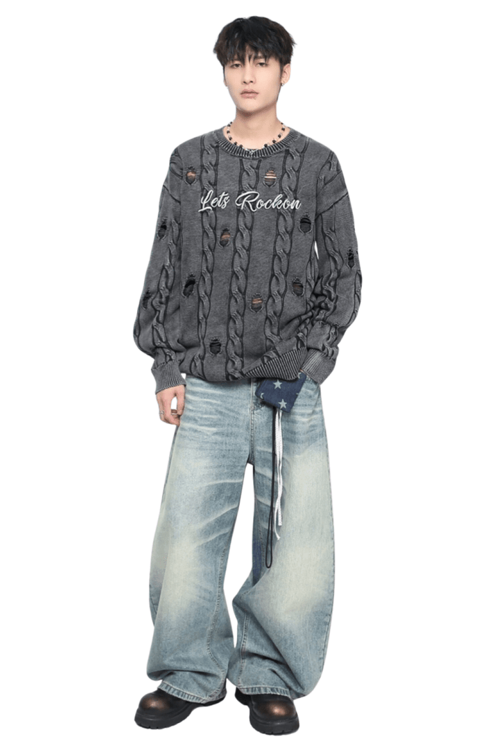 Destroyed Cable Knit Sweater na2443