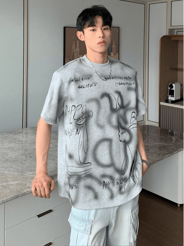 [CUIBUJU] Letters Spray Paint Sleeve T-Shirt na1198
