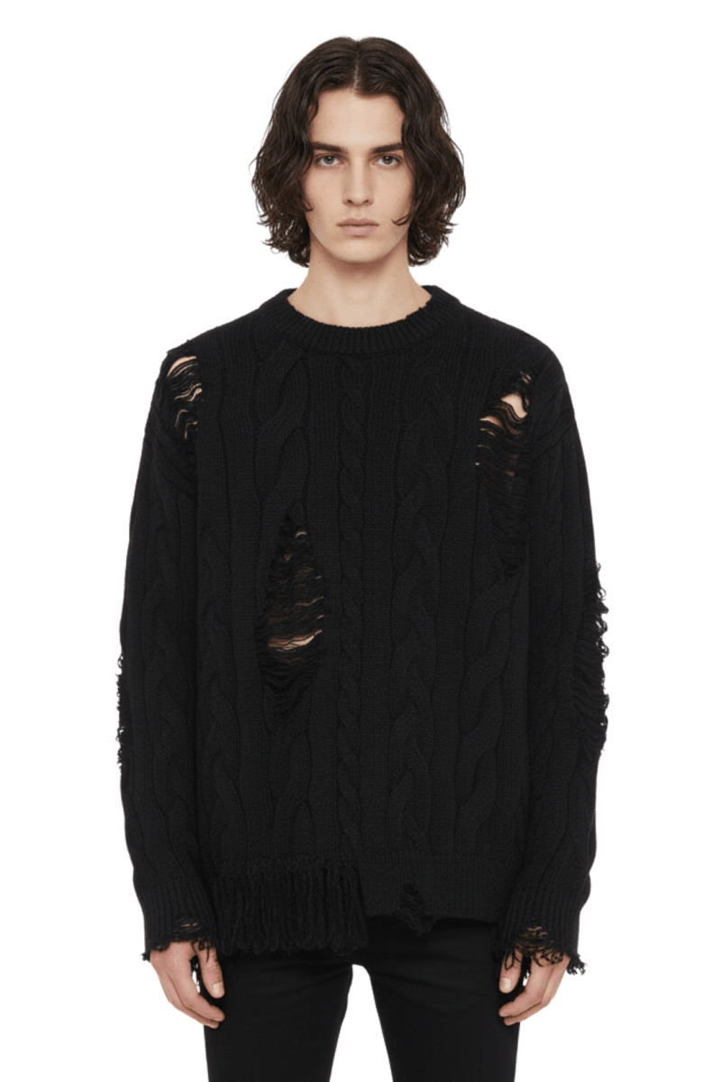 Frayed Hem Cable Knit Sweater na2418