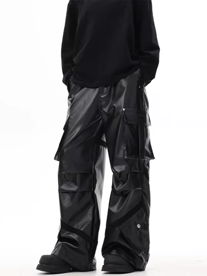 [Black to vibe] functional wide-legged pu leather pants na1001