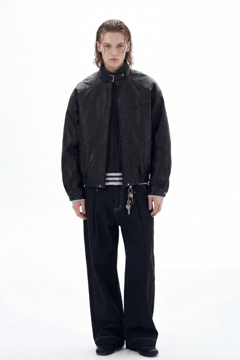 Structured Stand Collar Leather Jacket na2368