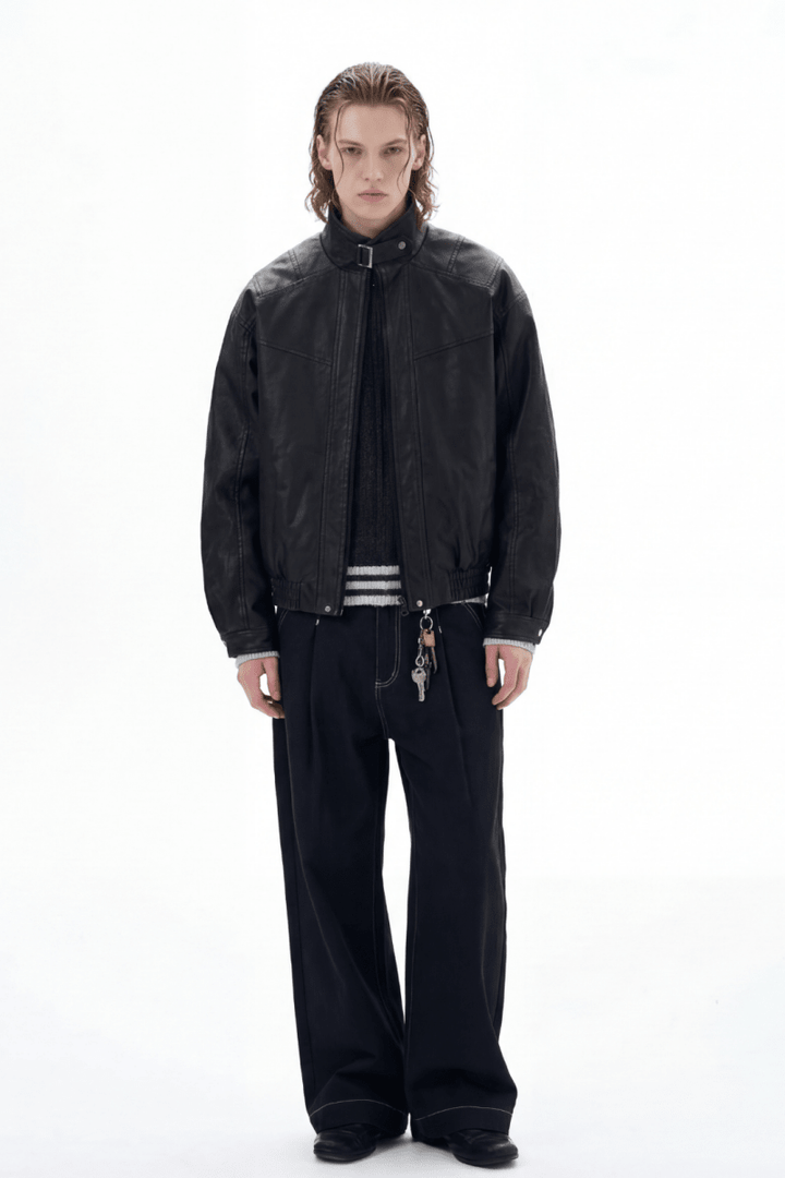 Structured Stand Collar Leather Jacket na2368