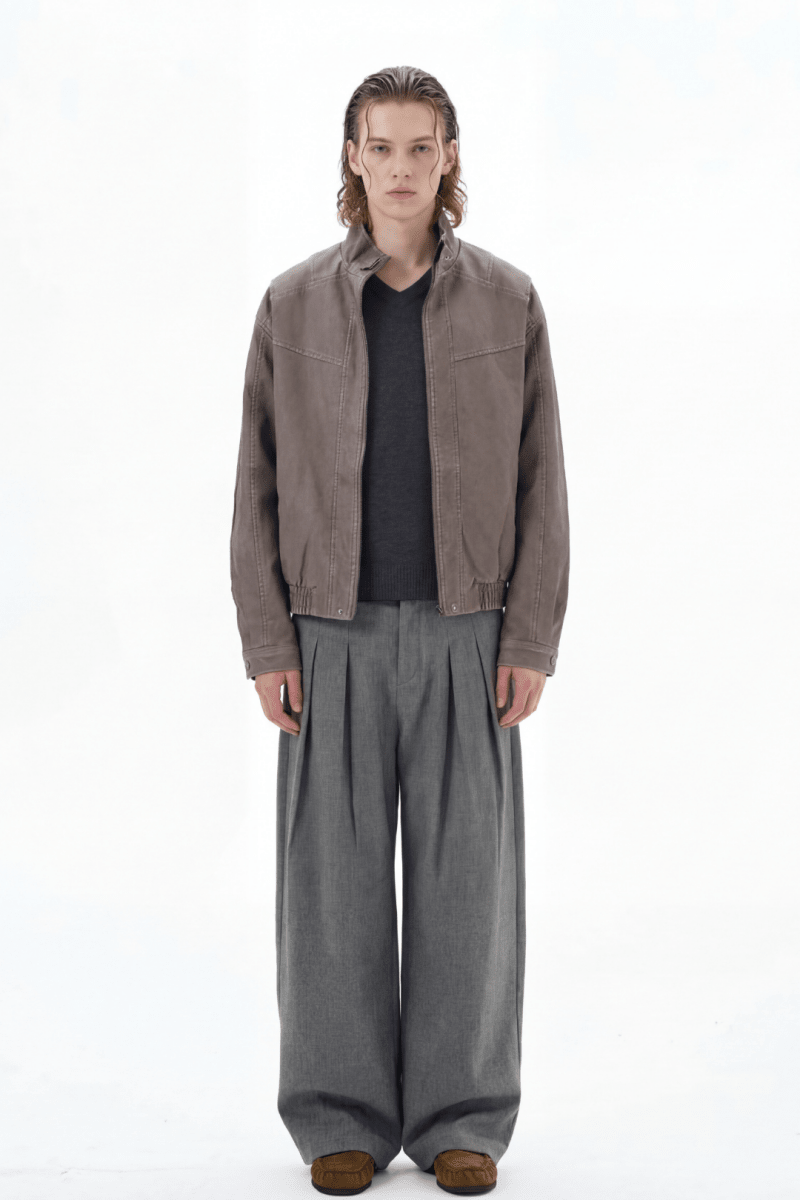 Structured Stand Collar Leather Jacket na2368