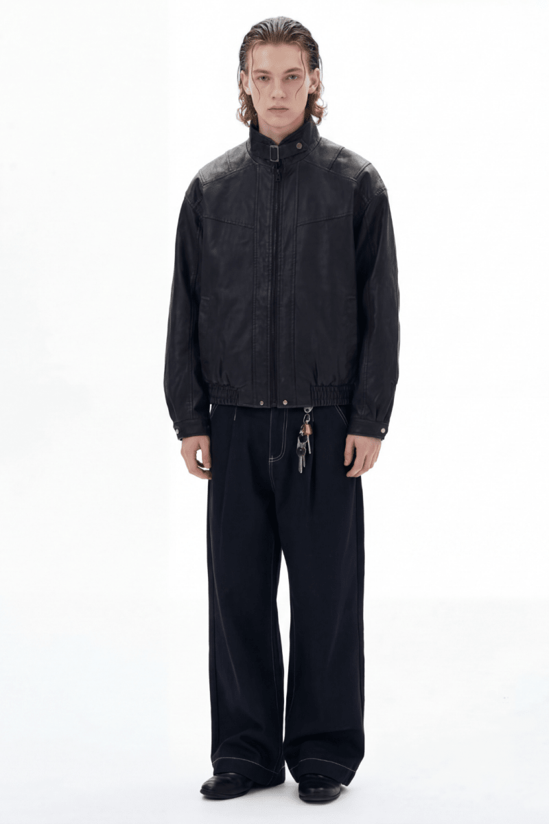 Structured Stand Collar Leather Jacket na2368