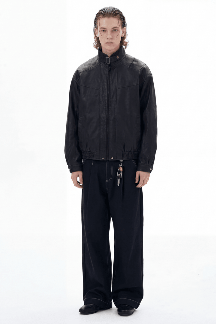 Structured Stand Collar Leather Jacket na2368