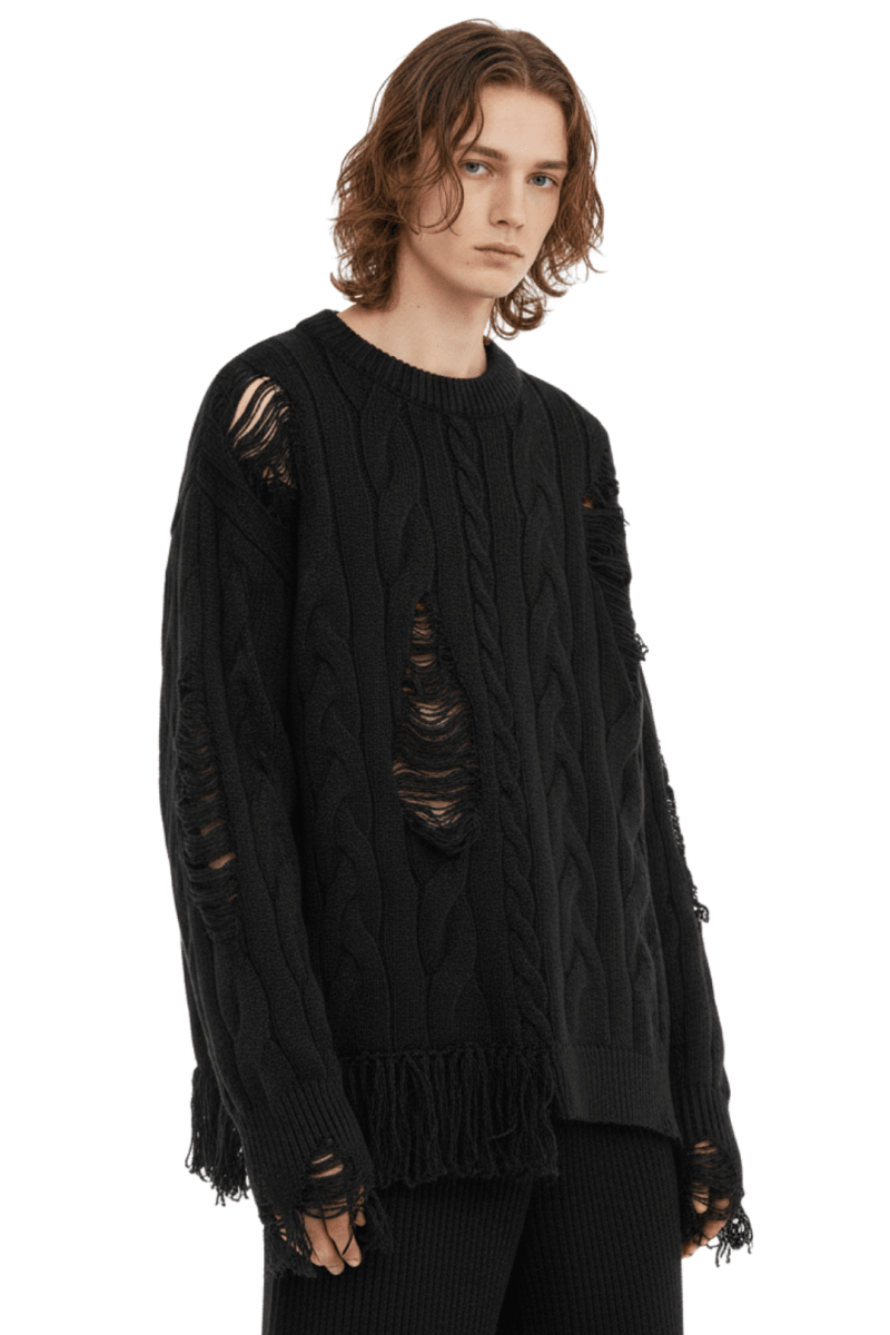 Frayed Hem Cable Knit Sweater na2418