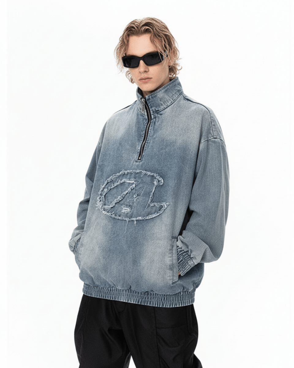 Nanostudio Frayed Edge Denim Half-Zip Pullover (na2210)