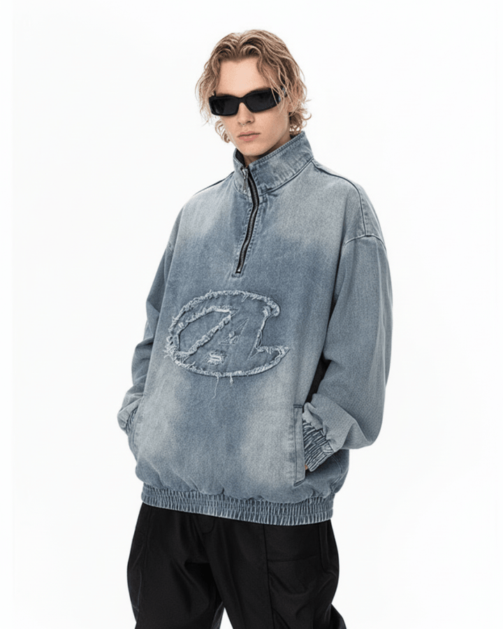 Nanostudio Frayed Edge Denim Half-Zip Pullover (na2210)