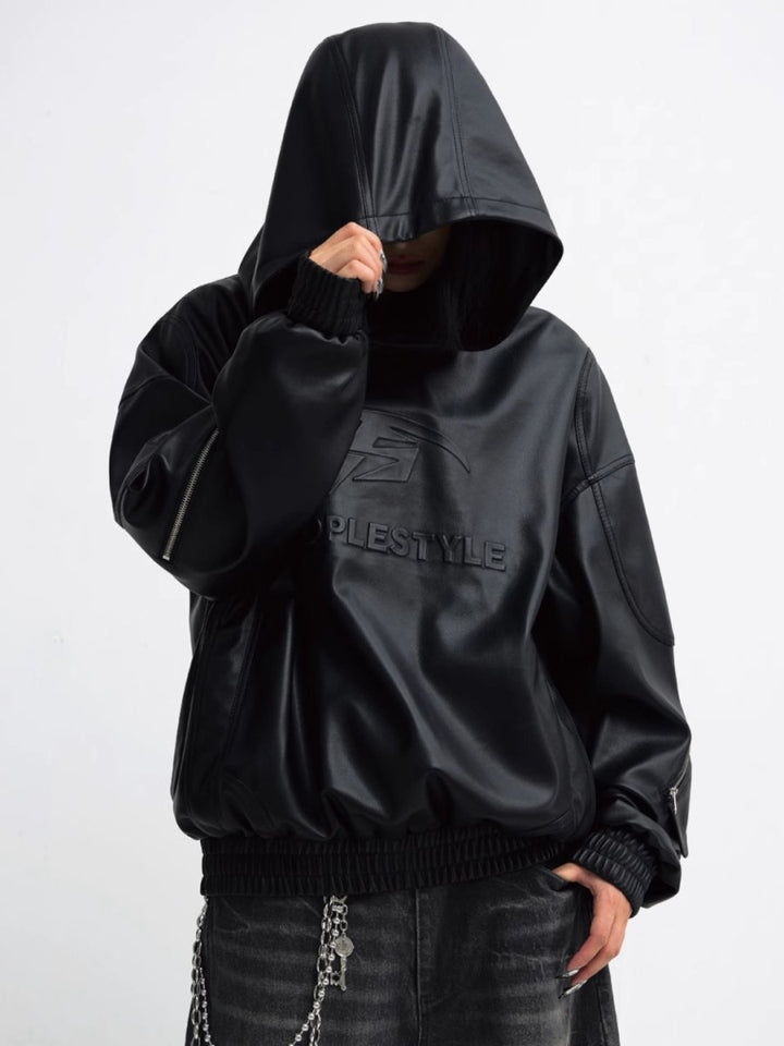 [PEOPLESTYLE] PU Leather Black Hooded na1653