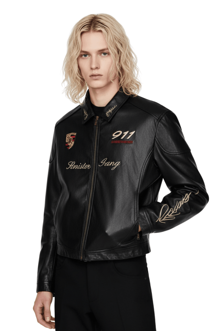 Cropped Racing Emblem Leather Jacket na2389