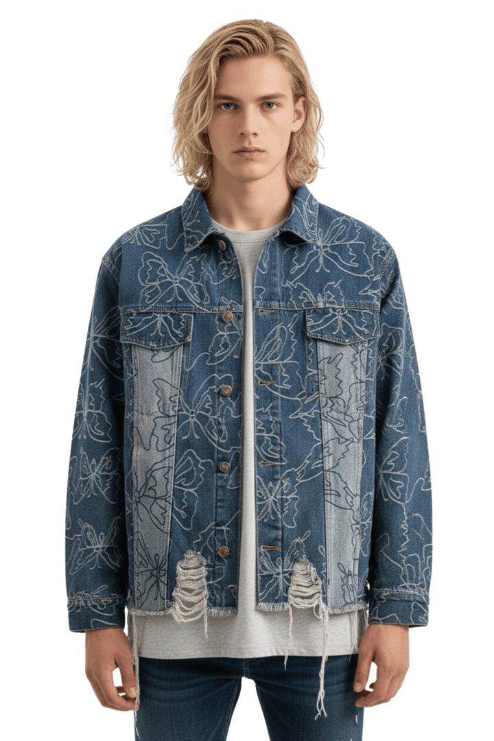 Vintage Floral Embroidered Distressed Denim Jacket  na2397