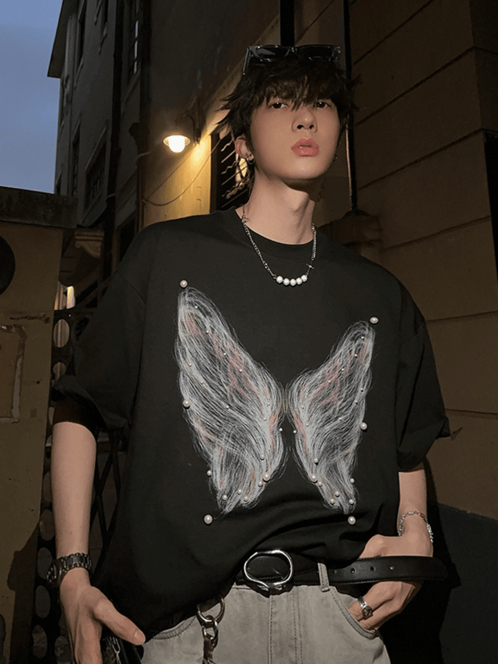 【JH HOMME】pearl butterfly print T-shirt  na1254