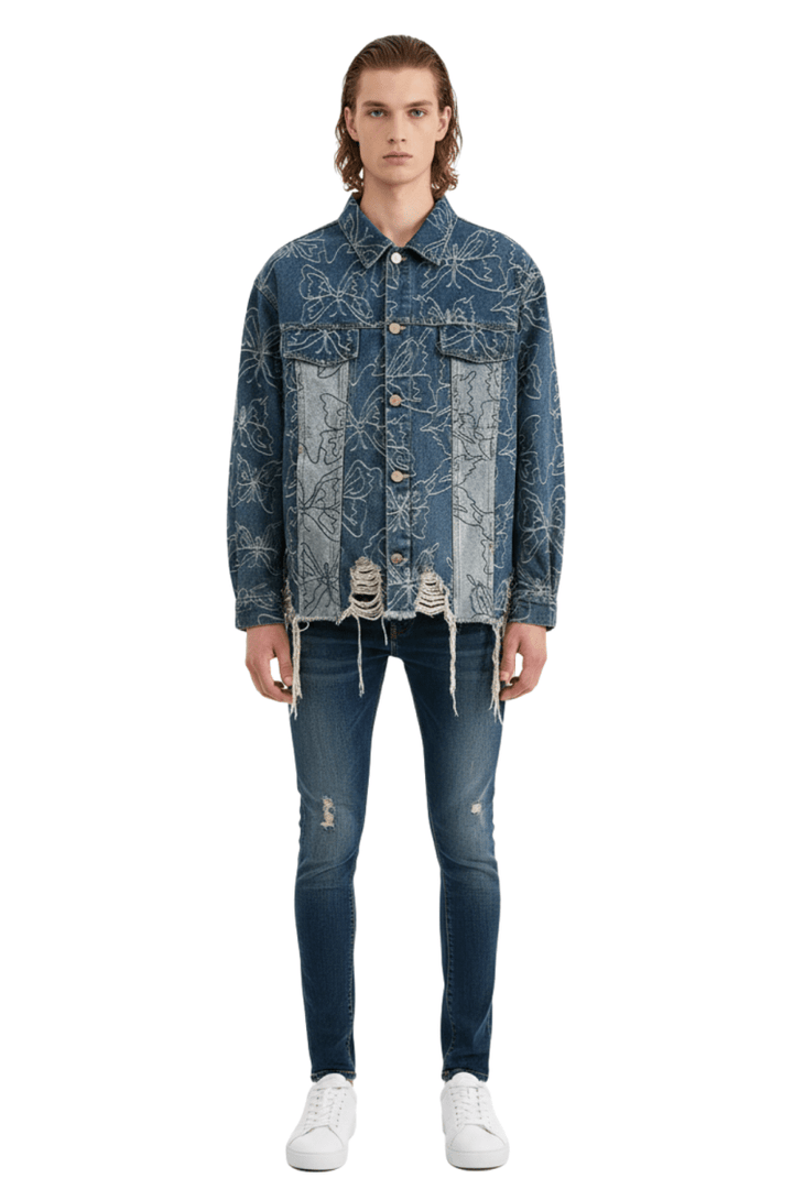 Vintage Floral Embroidered Distressed Denim Jacket  na2397