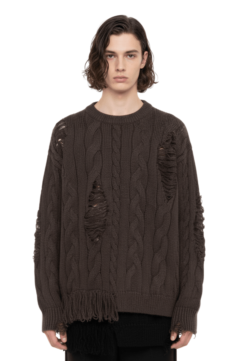 Frayed Hem Cable Knit Sweater na2418