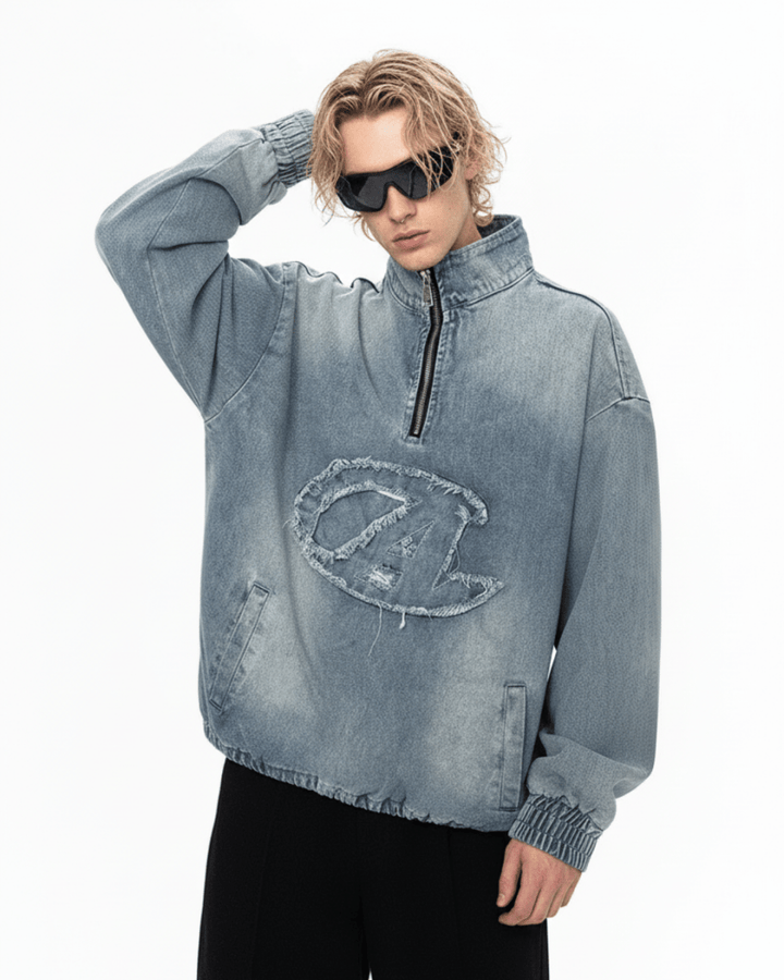 Nanostudio Frayed Edge Denim Half-Zip Pullover (na2210)
