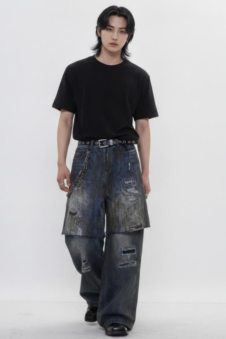Distressed Layered Jeans  na2595