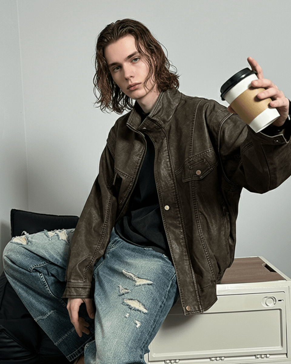 Vintage Brown Leather Truck Jacket  na2264