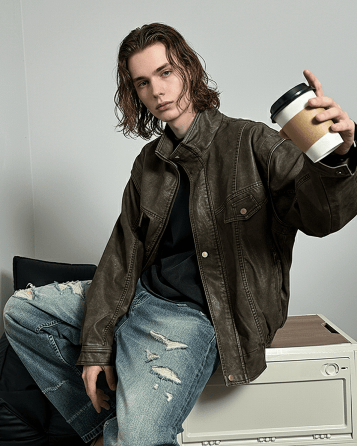 Vintage Brown Leather Truck Jacket  na2264