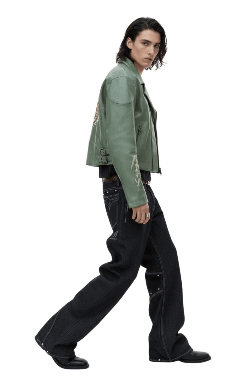 Cropped Racing Emblem Leather Jacket  na2389