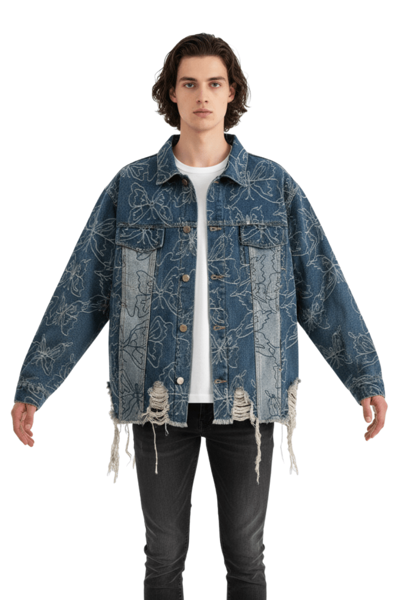 Vintage Floral Embroidered Distressed Denim Jacket  na2397