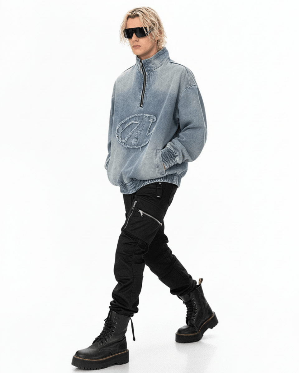 Nanostudio Frayed Edge Denim Half-Zip Pullover (na2210)