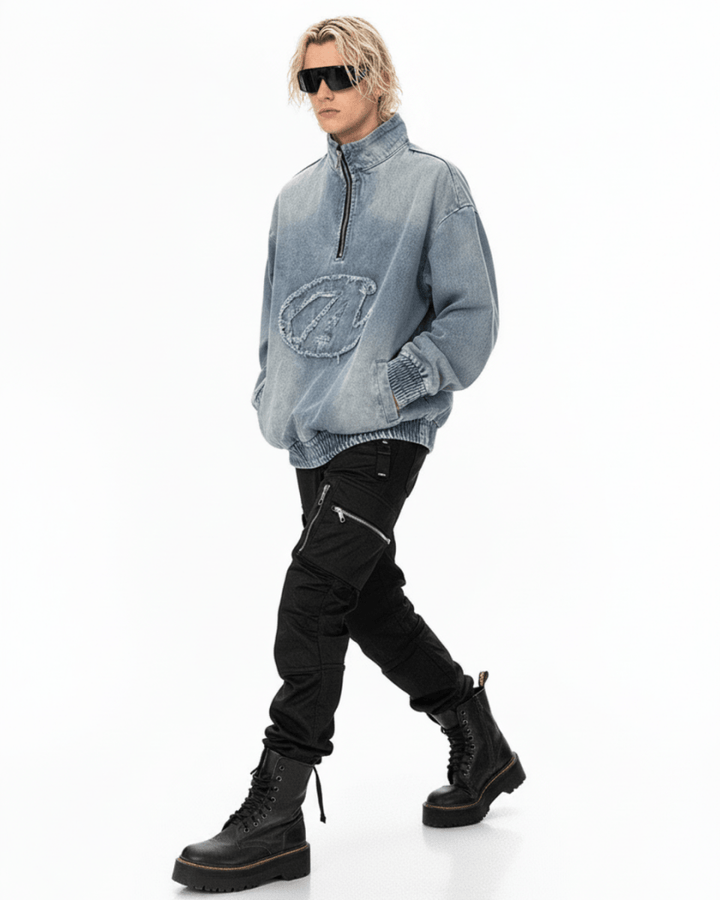 Nanostudio Frayed Edge Denim Half-Zip Pullover (na2210)