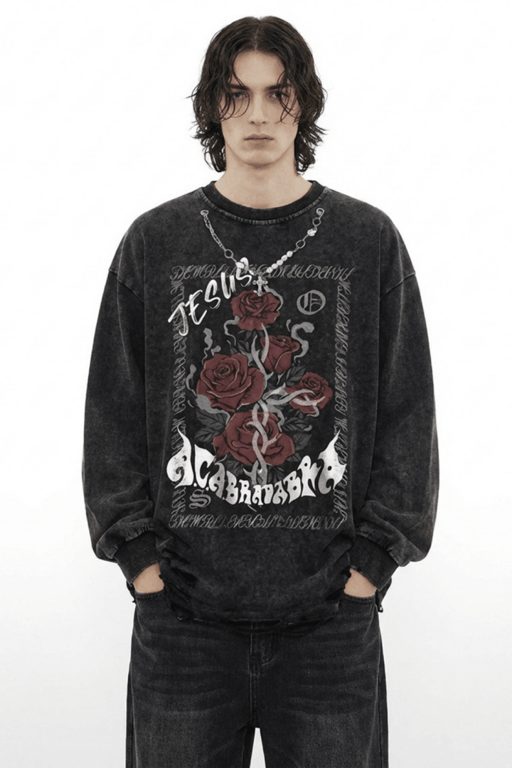 washed and distressed long-sleeved T-shirt na656