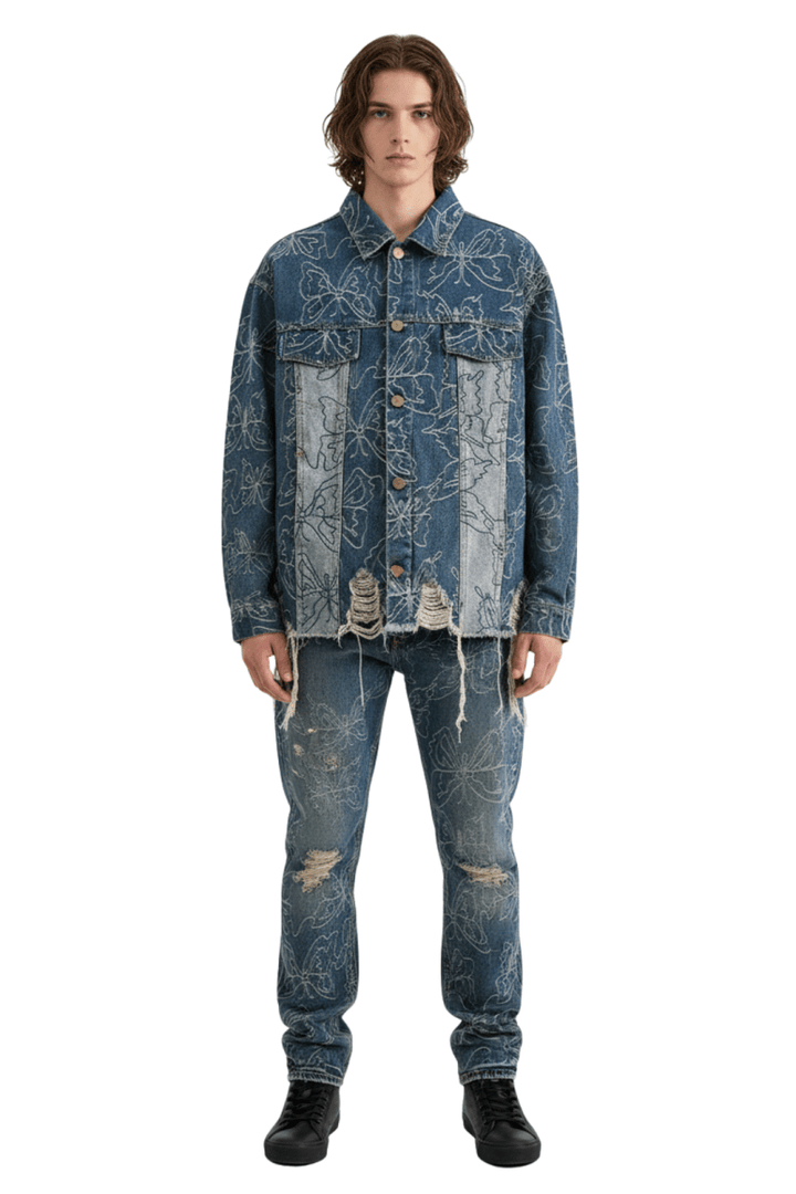 Vintage Floral Embroidered Distressed Denim Jacket  na2397