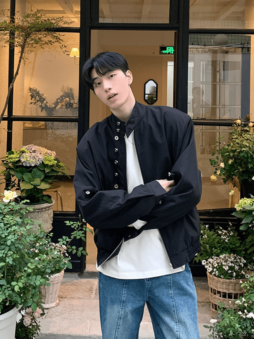 [ONELYC1NS] Korean version of collar shoulder pad jacket na1009