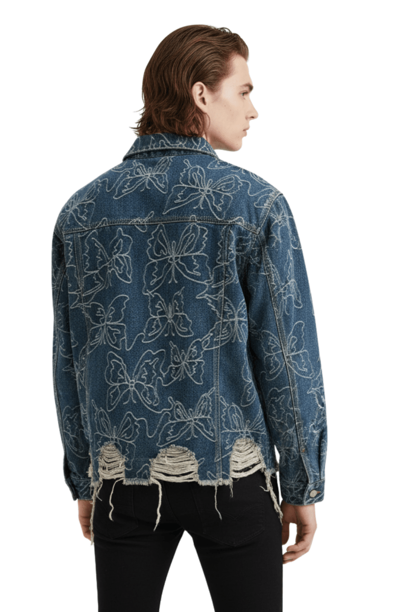 Vintage Floral Embroidered Distressed Denim Jacket  na2397