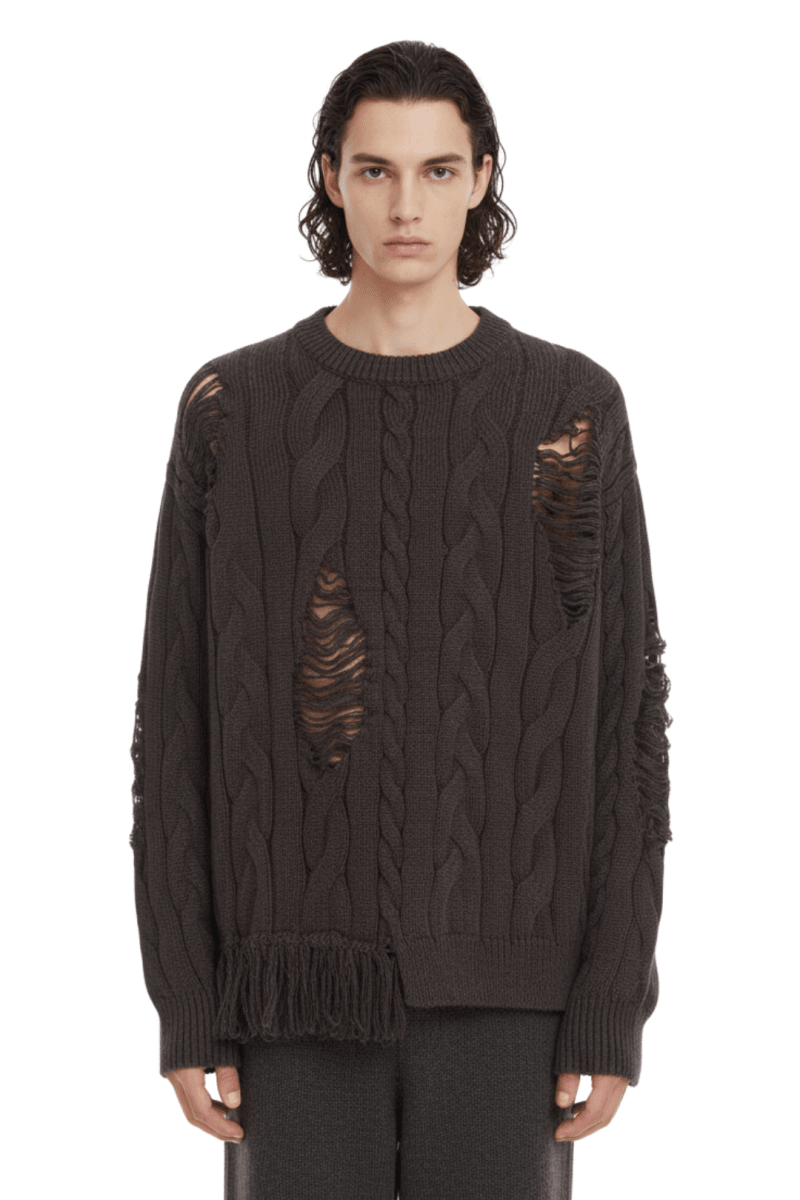 Frayed Hem Cable Knit Sweater na2418