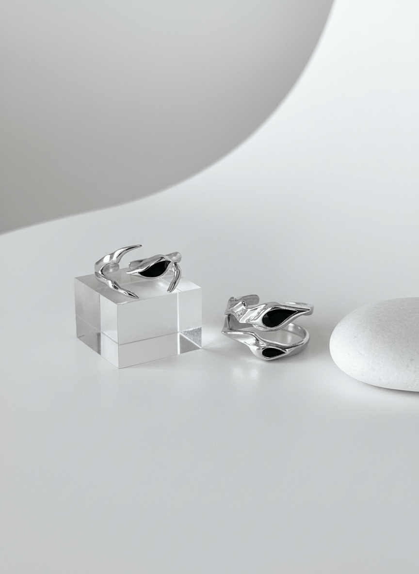 [CHEALIMPID] Irregular Alien Black Gemstone Metal Ring set na927