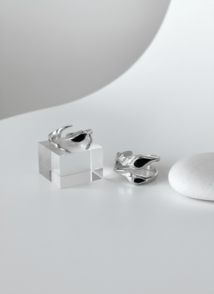 [CHEALIMPID] Irregular Alien Black Gemstone Metal Ring set na927