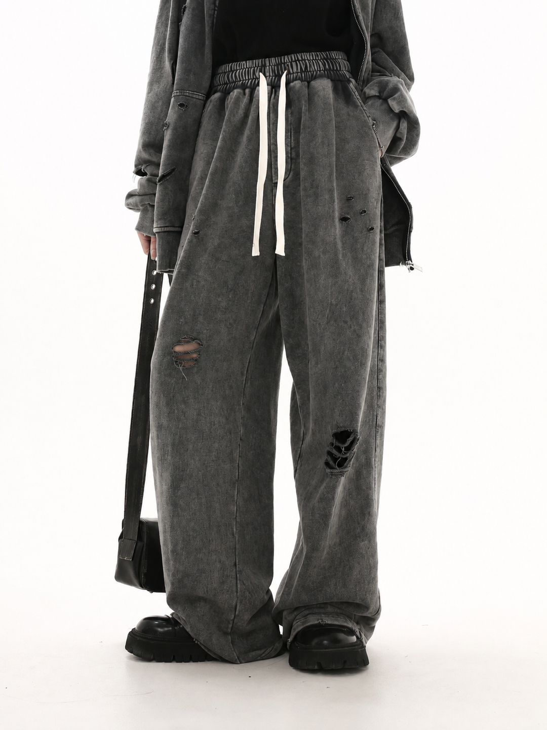 [GIBBYCNA] Damage Zipper Hoodie &amp;amp; Wide-leg Damage Sweatpants na1036