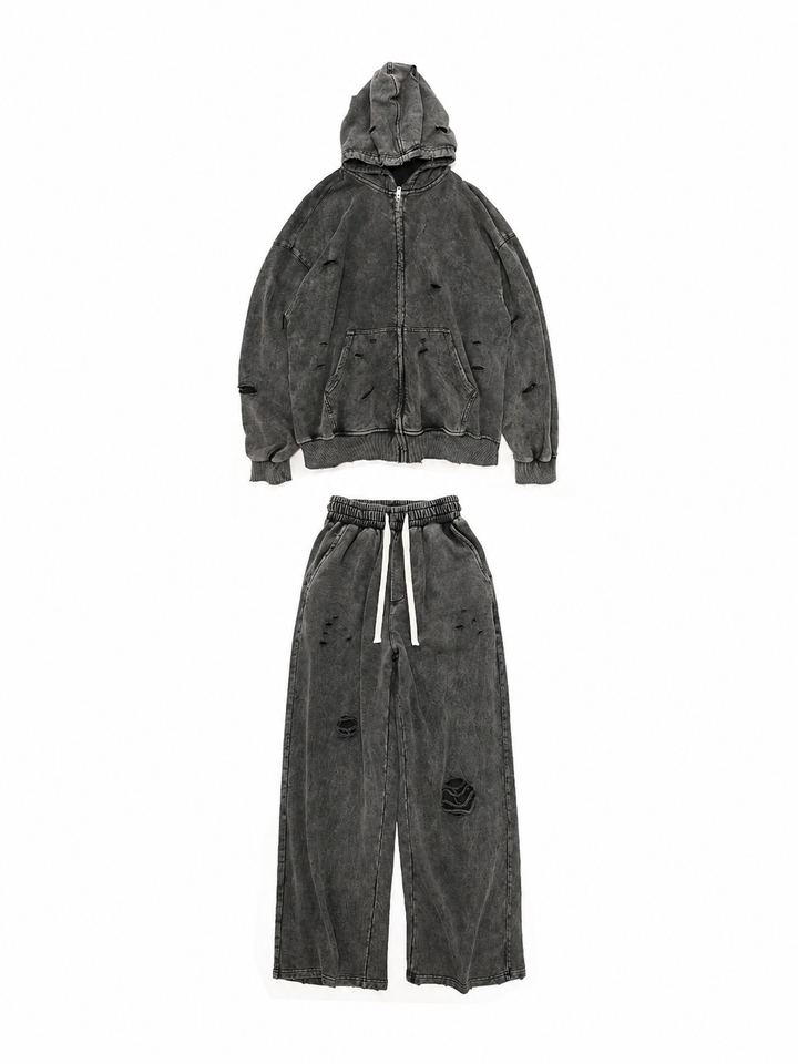 [GIBBYCNA] Damage Zipper Hoodie &amp;amp; Wide-leg Damage Sweatpants na1036