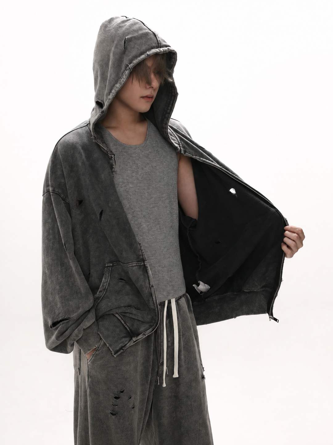 [GIBBYCNA] Damage Zipper Hoodie &amp;amp; Wide-leg Damage Sweatpants na1036