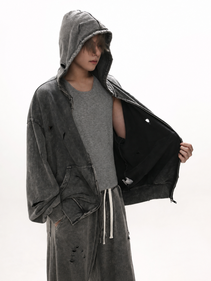 [GIBBYCNA] Damage Zipper Hoodie &amp;amp; Wide-leg Damage Sweatpants na1036