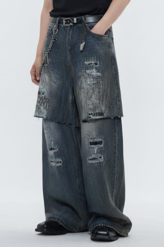 Distressed Layered Jeans  na2595